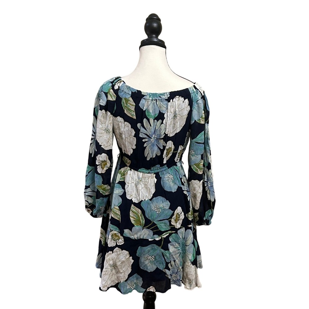 LOFT Navy Blue Floral Off The Shoulder Smocked Waist Mini Dress Size S - Picture 2 of 7